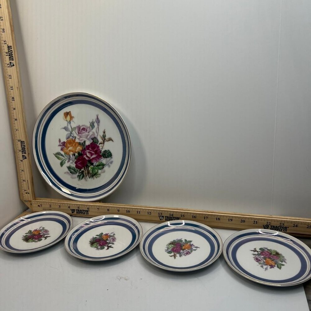 Vintage Ceramic Floral Porcelain Plates Set with Blue Border and Gold Trim